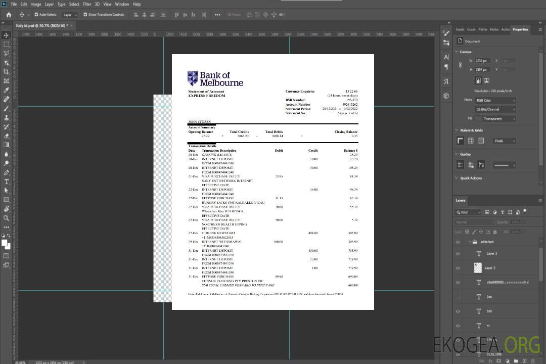 Relevé de compte bancaire de la Australia Bank of Melbourne template